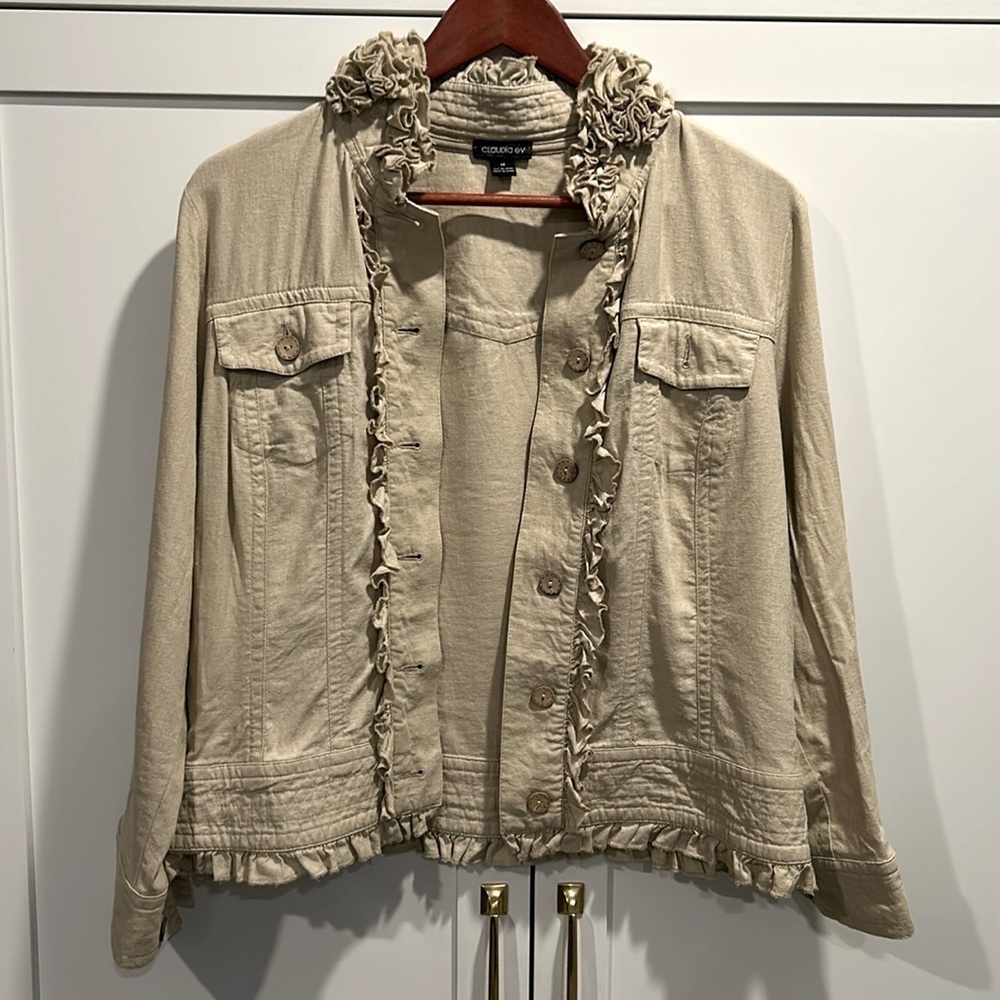 Claudia Ev Blazer Jacket Ruffles Linen Button Down Beige Tan Size 10 (Medium)